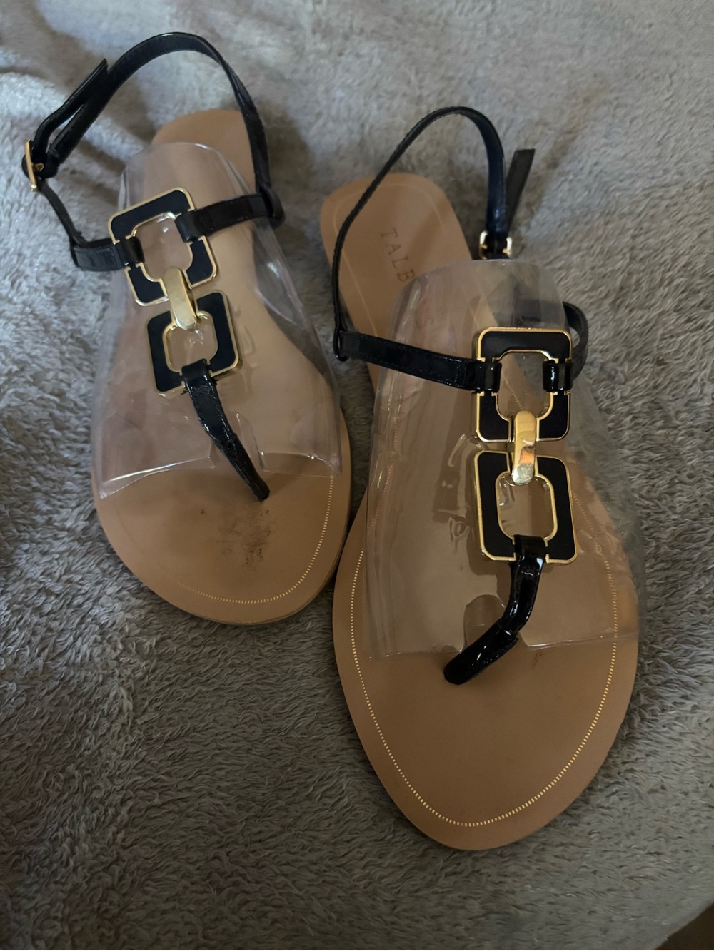 Talbots Black T-Strap Sandals with Gold Hardware